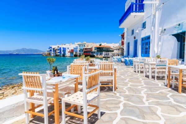 A local white and blue building in Mykonos, Greece