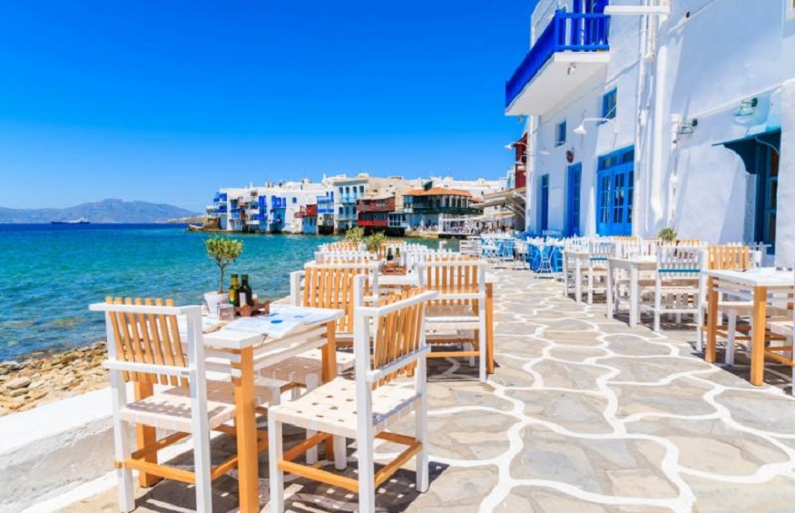 A local white and blue building in Mykonos, Greece